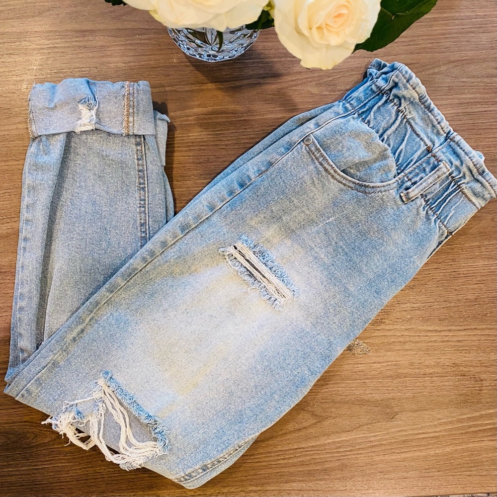 Washed Blue Ripped Jeans with Cute Elastic Waistband!